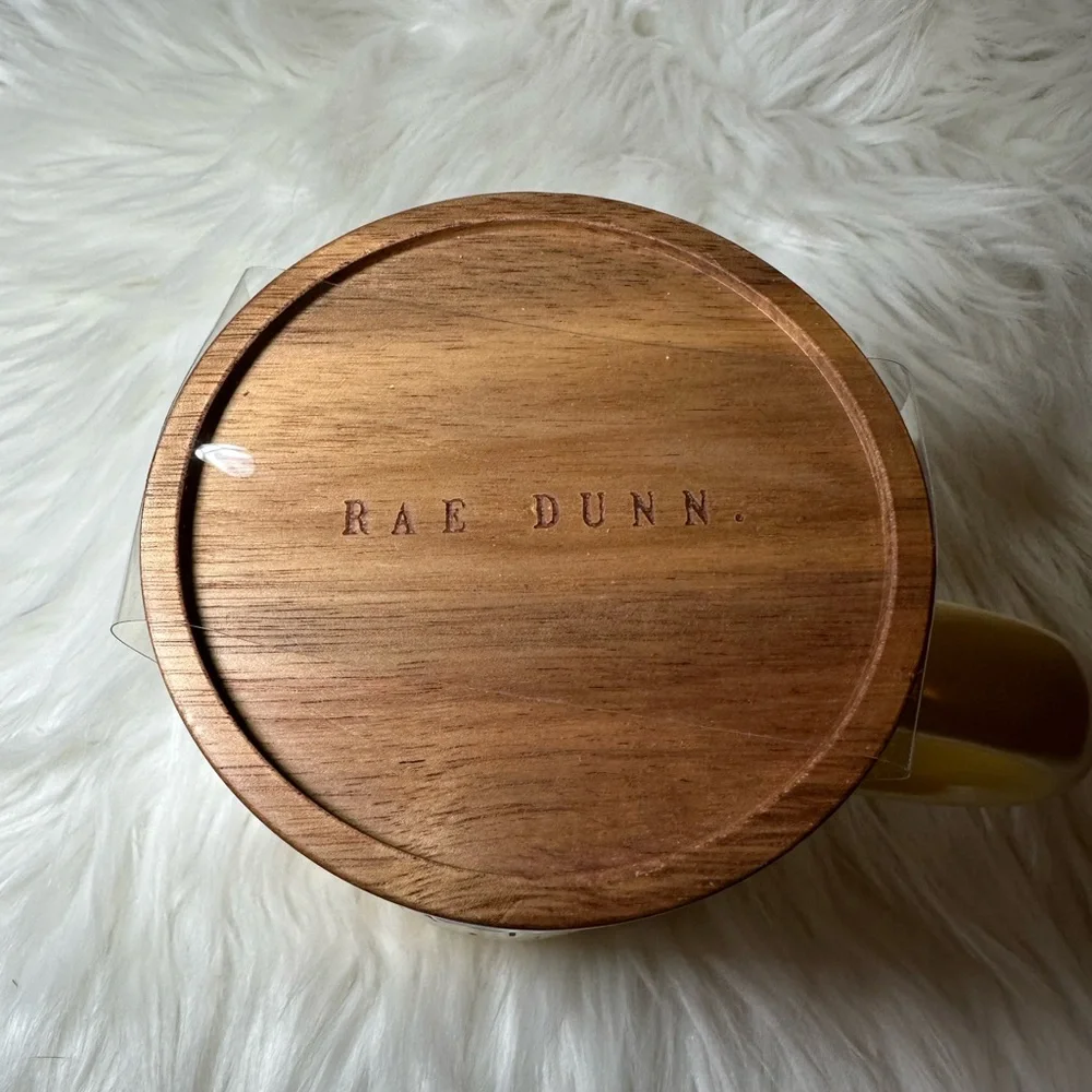 Rae Dunn Yellow Let’s Get Lost Mug with Wooden Lid/Coaster - Picture 4 of 4
